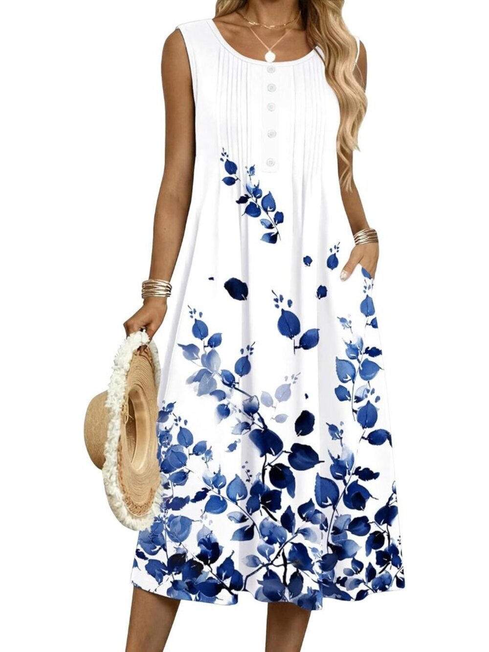 Women's White Flowy Aline Casual Midi Tank Dress Beach Boho Vacation Sundress